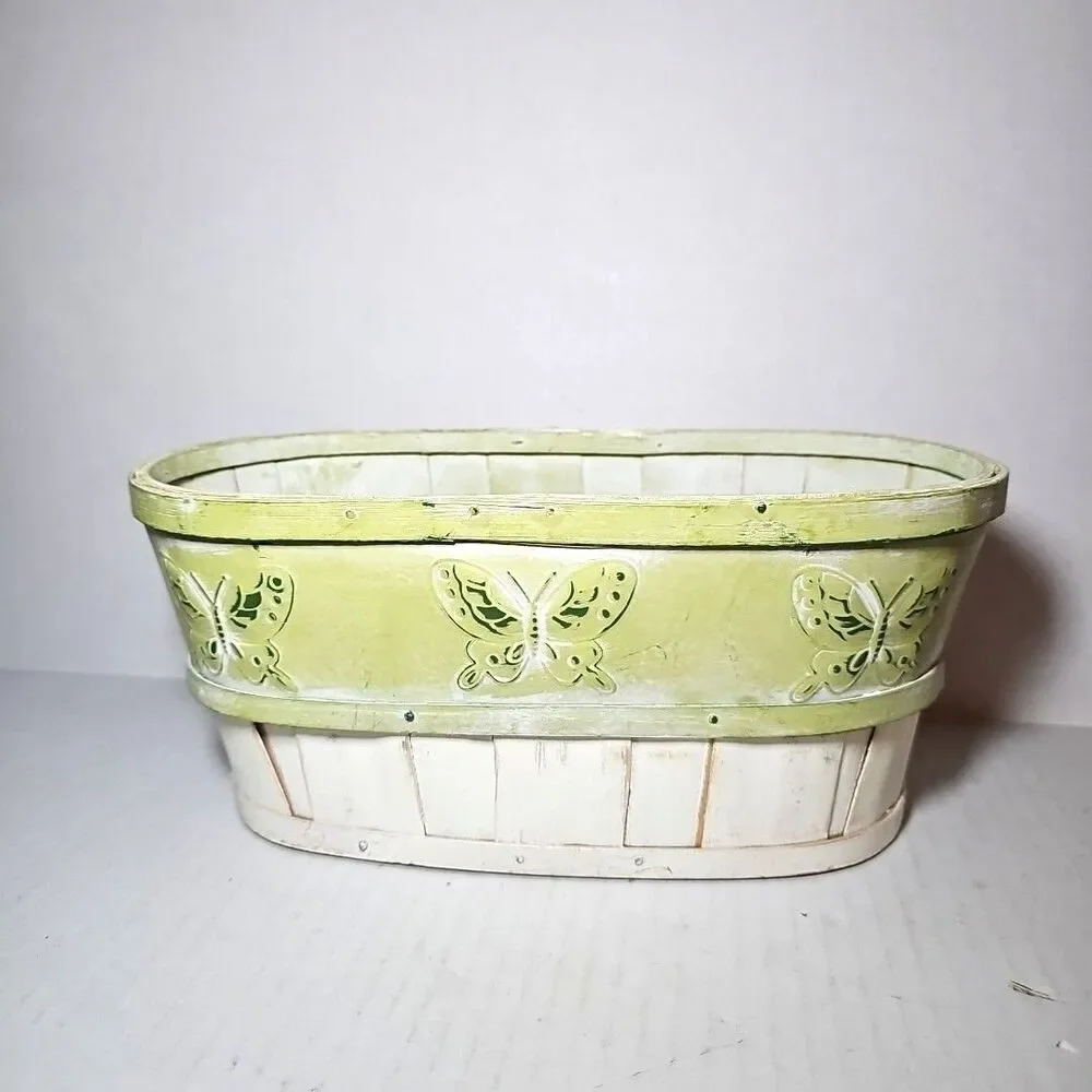 Green Butterfly Planter With White, Slatted Basket-weave Bottom Pastel Earthy